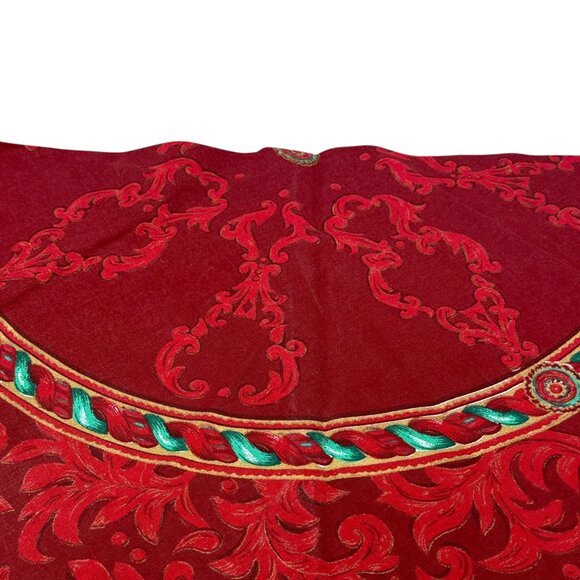 Holiday Tablecloth Round Red Green Tassel Print Christmas Decor Cotton 70" VTG - Picture 4 of 9